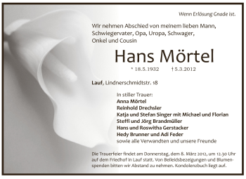 Traueranzeige von Hans Mörtel von Pegnitz-Zeitung